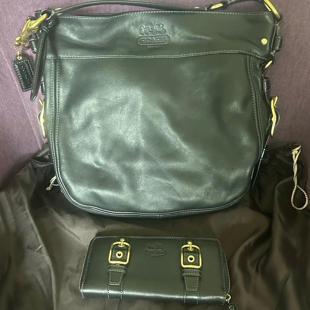 12669 Coach Zoe Black Leather Hobo Bag with Leather Zipper Wallet